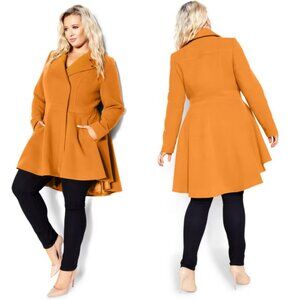 NWT City Chic Deep Caramel Hi Lo Frill Coat size 18